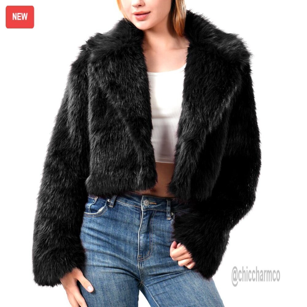 Cropped Faux Fur Jacket Fluffy Fuzzy Winter Coat Y2K Chic Plus Size Outerwear